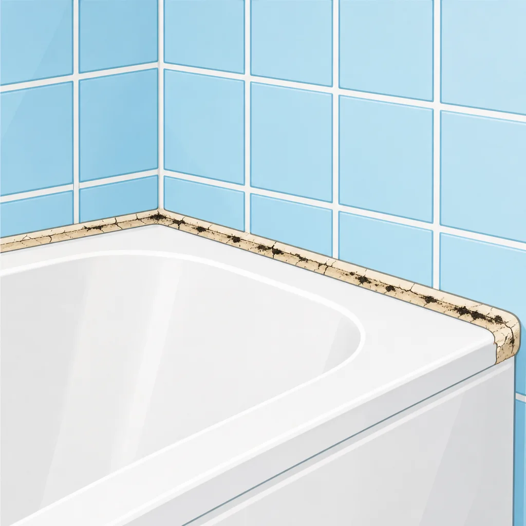Illustration: verschimmelte Silikonfuge vorher – Wannenrand