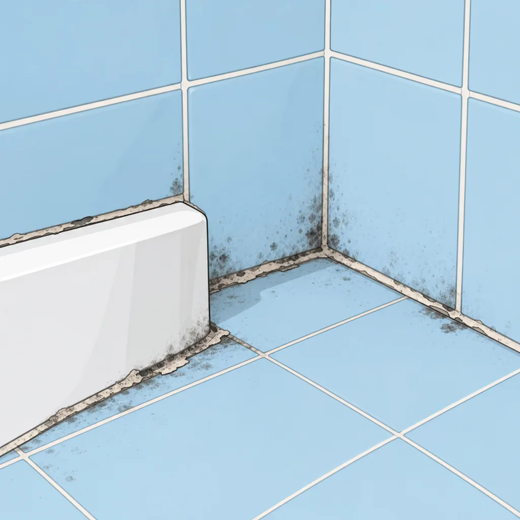 Illustration: verschimmelte Silikonfuge vorher – Dusche