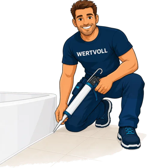Wertvoll-Figur zieht frische Silikonfuge an der Wanne