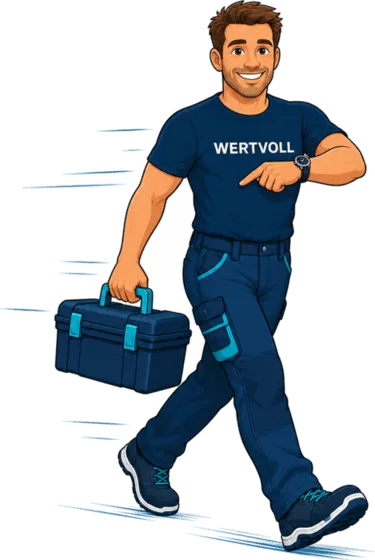 Wertvoll-Figur eilt mit Werkzeugkoffer zum Termin