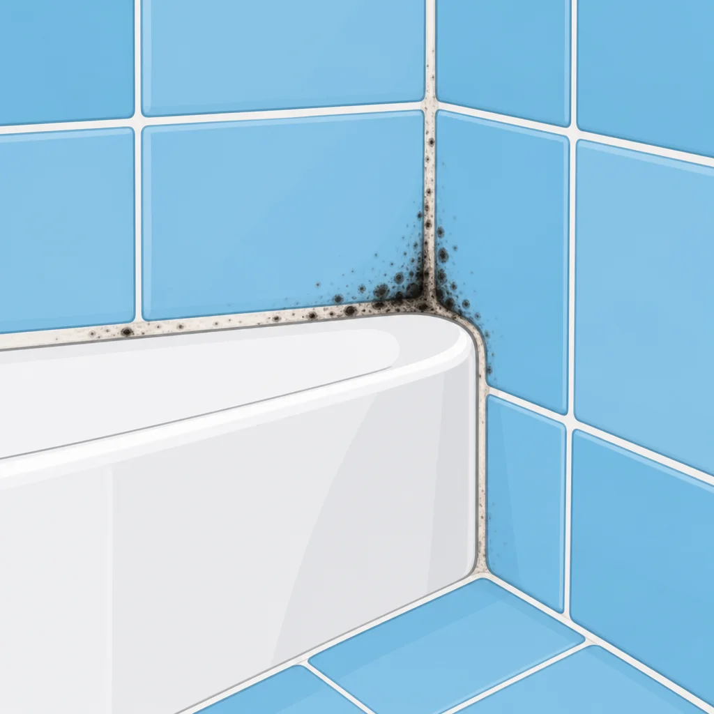 Illustration: verschimmelte Silikonfuge vorher – Duschecke